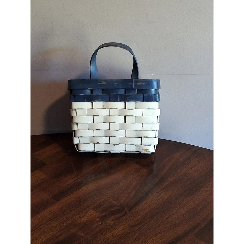 Vintage Woven Splint Basket Set Red Tall Floor & Blue White Wall Hanging Decor